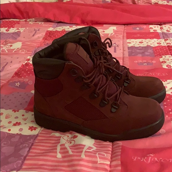 burgundy timberland field boots